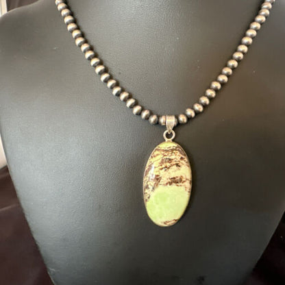 Navajo Green Gaspeite Pendant Necklace | Sterling Silver | Authentic Native American Handmade | 15481