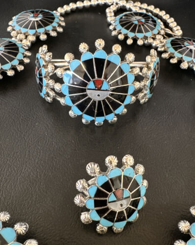 Zuni Ultra Rare Sunface Onyx Turquoise Inlay Squash Blossom Necklace Bracelet | Sterling Silver | 16679