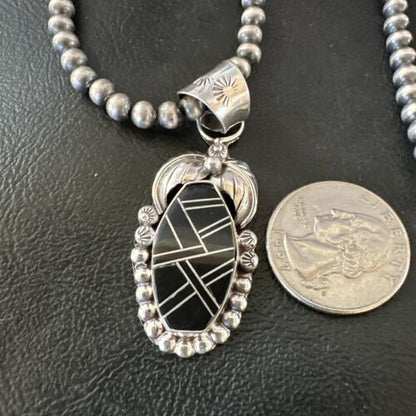 Navajo Pearls Black Onyx Inlay Necklace Pendant | Sterling Silver | Authentic Native American Handmade | 16535