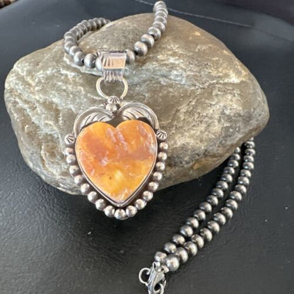 Navajo Orange Spiny Oyster Heart Pendant Necklace | Sterling Silver | Authentic Native American Handmade | 16551