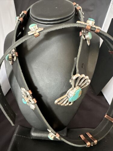 Men's Blue Kingman Turquoise Concho Belt | Sterling Silver Navajo Tufa | Authentic Native American Handmade | 16788