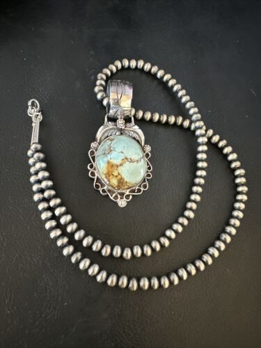 Navajo Blue Golden Hills Turquoise Pendant | Sterling Silver Pearls Necklace | Authentic Native American Handmade | 14994