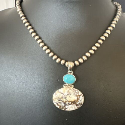Navajo Wild Horse Blue Kingman Turquoise Necklace | Sterling Silver | Authentic Native American Handmade | 17323