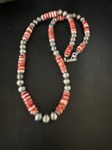 Navajo Pearls Red Spiny Oyster Necklace | 8mm Sterling Silver | Authentic Native American Handmade | 22" | 14850