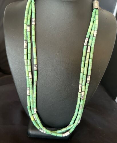Navajo Pearls Green Turquoise Necklace | Sterling Silver | Authentic Native American Handmade | 3S 17395
