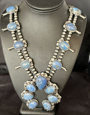 Navajo Sterling Silver Denim Lapis Pendant Necklace | Naja Squash Blossom | Authentic Native American Handmade | 15033