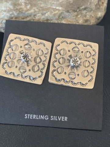 Square Navajo Stamped Sterling Silver Native American Earrings 1199