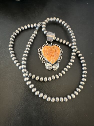 Navajo Orange Spiny Oyster Heart Pendant Necklace | Sterling Silver | Authentic Native American Handmade | 16417
