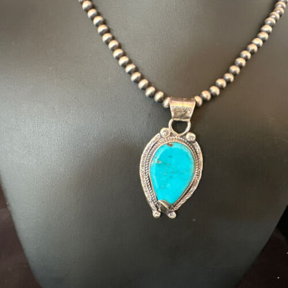 Navajo Blue Turquoise Pendant Necklace | Sterling Silver Pearls | Authentic Native American Handmade | 15645