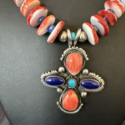 Navajo Red Spiny Oyster Lapis Pendant Necklace | Sterling Silver | Multi-Stone | 17668