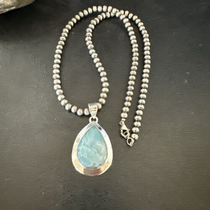 Navajo Blue Larimar Pendant Necklace | Sterling Silver Beads | Authentic Native American Handmade | 17630