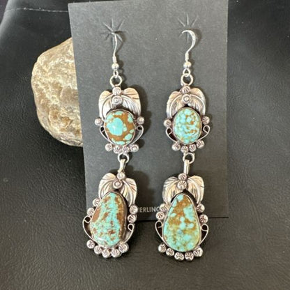 Navajo Blue Turquoise #8 Dangle Earrings | Sterling Silver | Authentic Native American Handmade | 16908