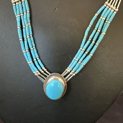 Navajo Green Turquoise Pendant Heishi Necklace| 5-Strand Sterling Silver | 18" | Authentic Native American Handmade | 17177