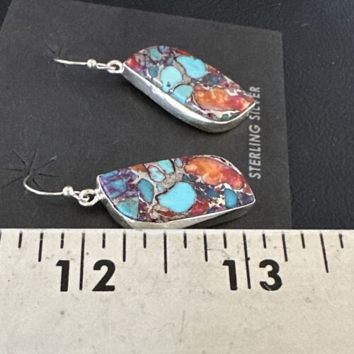 Navajo Blue Turquoise Red Spiny Oyster Inlay Dangle Earrings | Sterling Silver | 15579