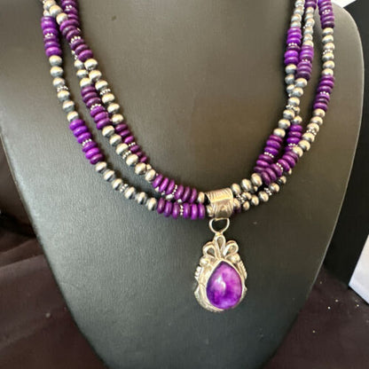 Navajo Sugilite 3-Strand Bead Necklace Set | Sterling Silver | 21" | Authentic Native American Handmade | 02927