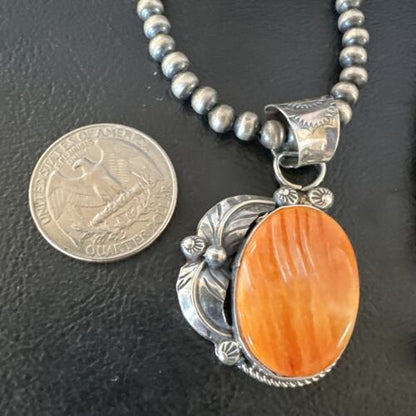 Navajo Orange Spiny Oyster Pendant Necklace | Sterling Silver | Authentic Native American Handmade | 15630