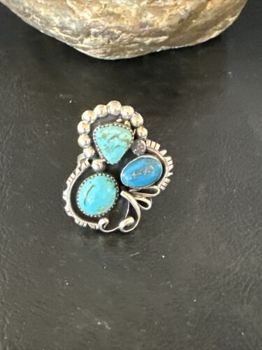 Navajo Blue Turquoise Cluster Ring | Authentic Native American Sterling Silver | Multi-Stone | Sz 8.5 | 14837