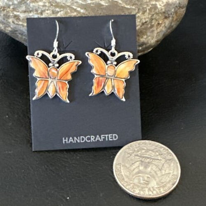 Navajo Butterfly Orange Spiny Oyster Inlay Earrings | Sterling Silver | Authentic Native American Handmade | 16523