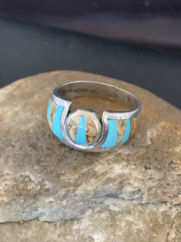 Navajo Coffee Picture Jasper Turquoise Inlay Sterling Silver Ring Set S8.5 10982