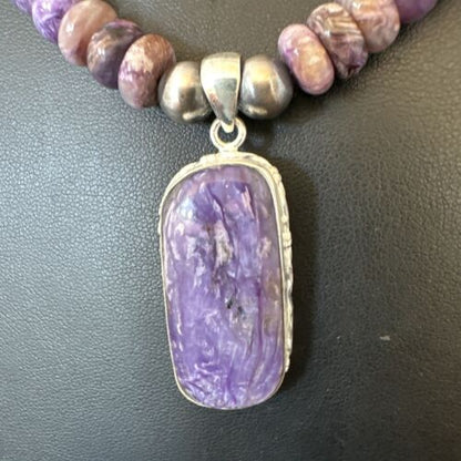 Navajo Purple Charoite Pendant with Pearls | Sterling Silver Necklace | Authentic Native American Handmade | 16338