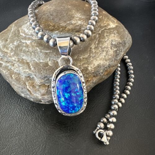 Men's Women's Blue Fire Opal Pendant | Navajo Sterling Silver | Authentic Native American Handmade | 16483