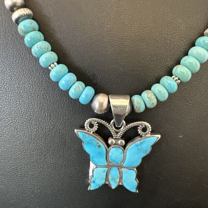 Navajo Butterfly Blue Ridge Turquoise Inlay Pendant Necklace | Sterling Silver | Authentic Native American Handmade | 16642