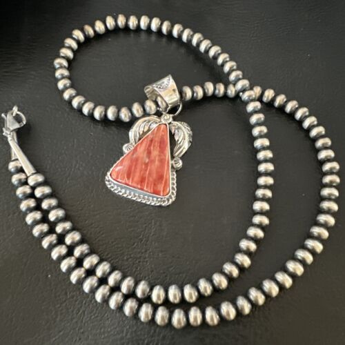 Navajo Red Spiny Oyster Pendant Necklace | Sterling Silver | Authentic Native American Handmade | 16149