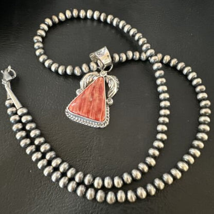 Navajo Red Spiny Oyster Pendant Necklace | Sterling Silver | Authentic Native American Handmade | 16149