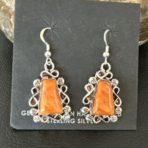 Navajo Orange Spiny Oyster Dangle Earrings | Sterling Silver | Authentic Native American Handmade | 17266