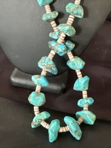Navajo Kingman Turquoise Shell Heishi Bead Necklace | Sterling Silver | 28" | Authentic Native American Handmade | 17448