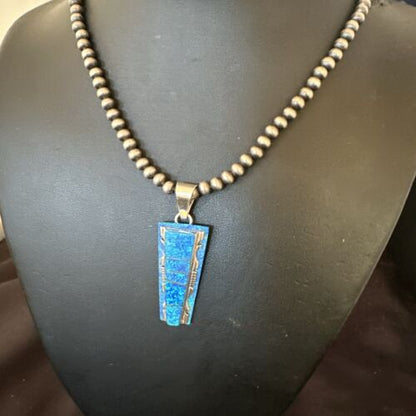 Navajo Blue Opal Inlay Pendant | Sterling Silver Necklace with Pearls | Authentic Native American Handmade | 16905