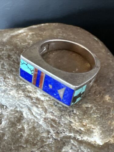 Men's Navajo Inlay Ring | Sterling Silver Lapis Blue Spiderweb Turquoise | Sz 8 | 15915