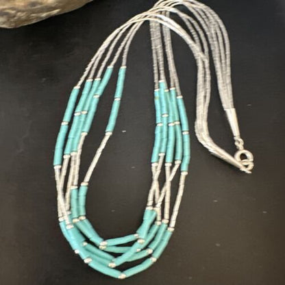 Turquoise 5-Strand Heishi Necklace | Liquid Sterling Silver | Authentic Native American Handmade | 15046