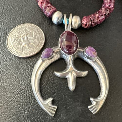 Navajo Purple Spiny Oyster Naja Pendant Necklace | Sterling Silver | 24" | Authentic Native American Handmade | 15537