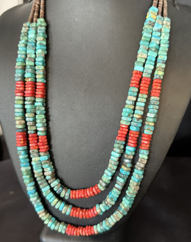 Women's Turquoise Spiny Oyster 3-Strand Necklace | Navajo Pearl Sterling Silver | 15157