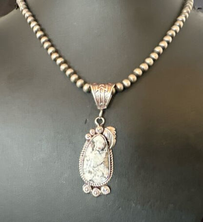 Navajo White Buffalo Turquoise Pendant Necklace | Sterling Silver | Authentic Native American Handmade | 17514