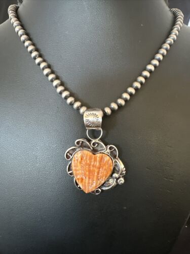 Navajo Orange Spiny Oyster Heart Pendant Necklace | Sterling Silver | Authentic Native American Handmade | 16420