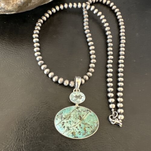 Navajo Dry Creek Turquoise Topaz Pendant Necklace | Sterling Silver | Authentic Native American Handmade | 16442