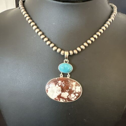 Navajo Wild Horse | Blue Kingman Turquoise Necklace | Sterling Silver | Authentic Native American Handmade | 17305