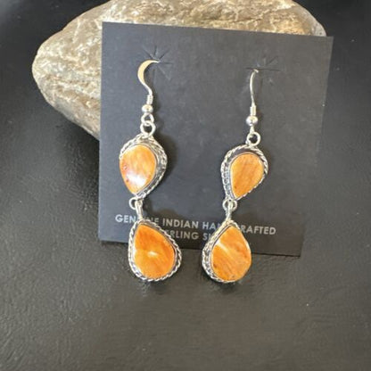 Navajo Orange Spiny Oyster Dangle Earrings | Sterling Silver | 1.5" | Authentic Native American Handmade | 16563