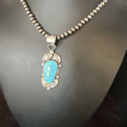 Navajo Kingman Turquoise Pendant Necklace | Sterling Silver Pearls | Authentic Native American Handmade | 15217