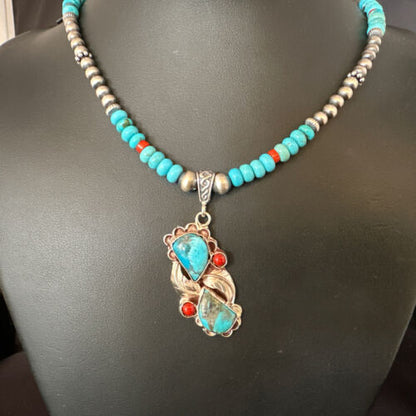Navajo Blue Turquoise | Coral Pendant Necklace | Sterling Silver | Multi-Stone | 15256