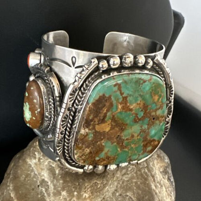 Navajo Green Royston Turquoise Spiny Oyster Cuff Bracelet | Sterling Silver | Authentic Native American Handmade | 15364
