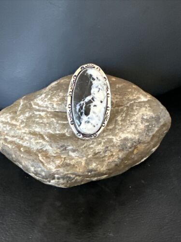 White Buffalo Turquoise Navajo Ring | Sterling Silver | Sz 11 | Authentic Native American Handmade | 16389