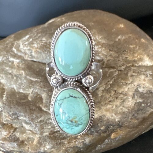 Navajo Blue Dry Creek Turquoise 2 Stone Ring | Authentic Native American Sterling Silver | Multi-Stone | Sz 10 | 16739 - Masha USA
