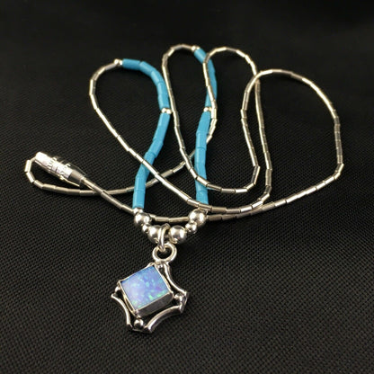 Children's Turquoise Beads Necklace with Opal Pendant Necklace | Sterling Silver | 18" | 10128 - Masha USA