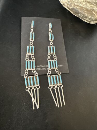 Zuni Kingman Turquoise Needle Point Dangle Earrings | Sterling Silver | 5 Tier | 14873