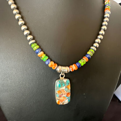 Navajo Spiny Oyster Turquoise Lapis Pendant Necklace | Sterling Silver | 21" | Authentic Native American Handmade | 16630