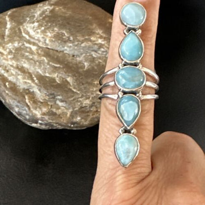 Navajo Blue Larimar Cluster Ring | Authentic Native American Sterling Silver | Multi-Stone | Sz 7.5 | 16152