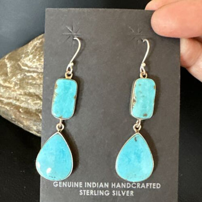 Navajo Blue Kingman Turquoise Dangle Earrings | Sterling Silver | Authentic Native American Handmade | 15123